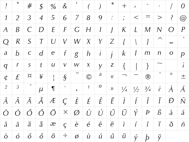 H_Zapf Humanist 601 BT Italic Character Map H_Zapf Humanist 601 BT Italic Character Map