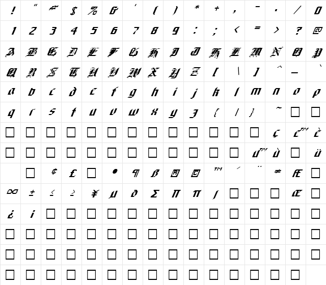 FZ GOTHIC 1 ITALIC Normal Character Map