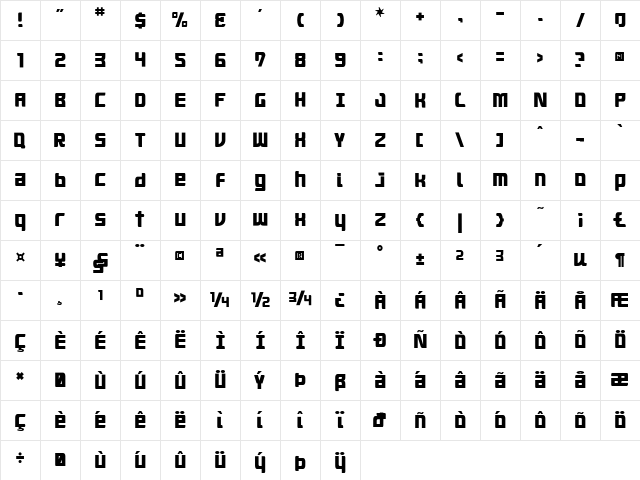 Aquasky20ALP Regular Character Map