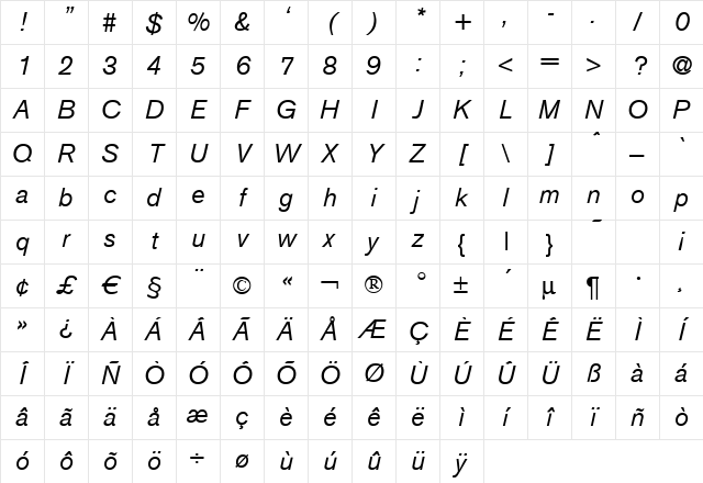 A750-Sans Italic Character Map
