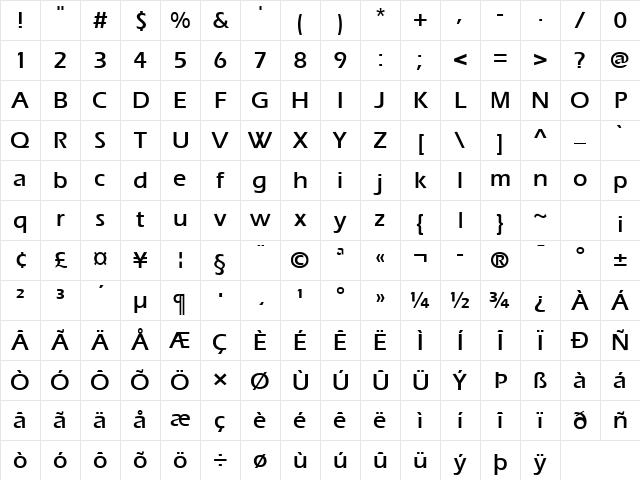 Aquiline Book Bold Character Map