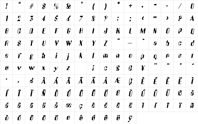 A770-Deco Italic Character Map