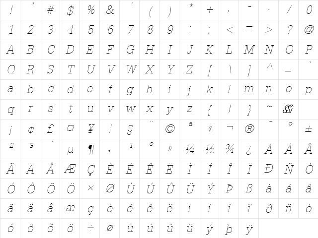 Installation Light SSi Thin Italic Character Map Installation Light SSi Thin Italic Character Map