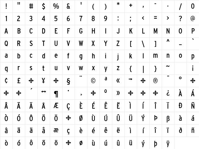 Interstate RegularCondensed Character Map
