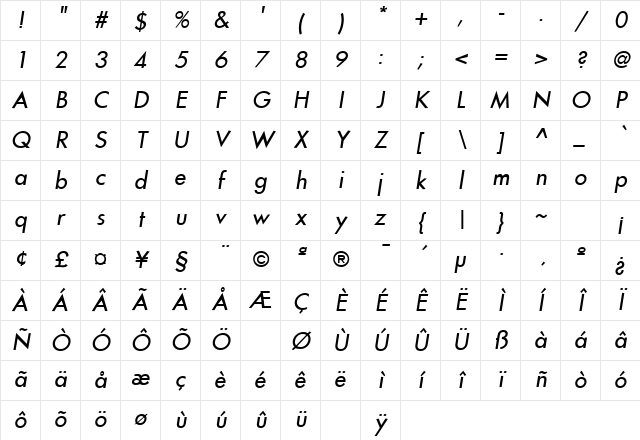 Intrepid Italic Character Map