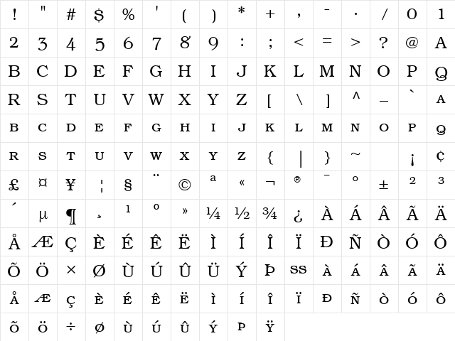Bookman SC Light Character Map