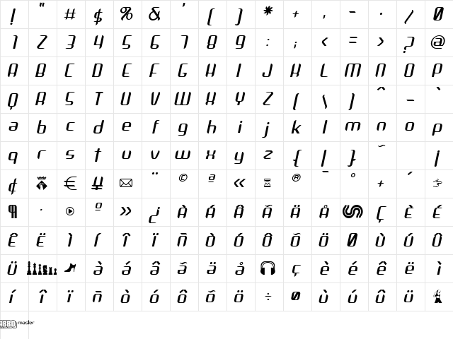 Arbeka Italic Character Map