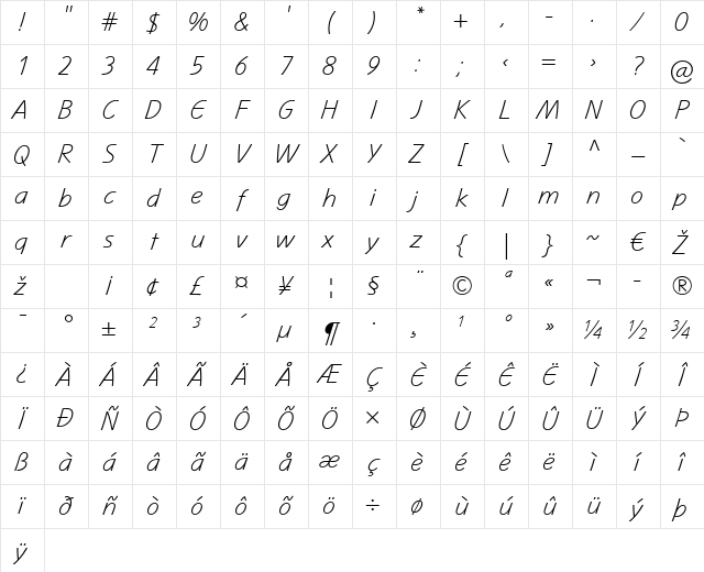 Mano LT Light Regular Character Map