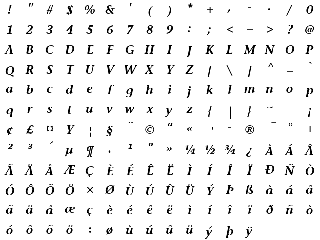 StoneInformalSemibold Italic Character Map