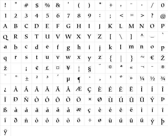 Tiepolo LT Book Bold Character Map