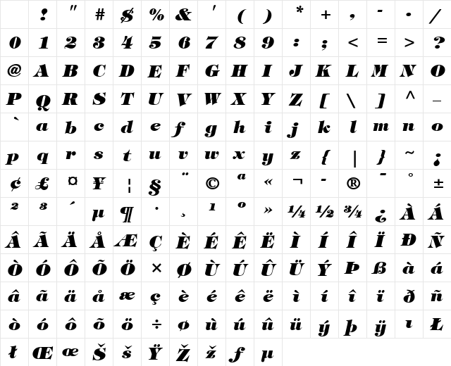 Tiffany LT Heavy Italic Character Map