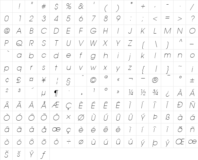 ITCAvantGardeGothic-ExtraLight Extra LightItalic Character Map ITCAvantGardeGothic-ExtraLight Extra LightItalic Character Map