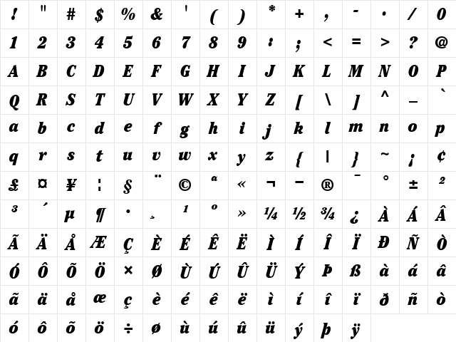 ITCCheltenham-UltraCondensed RomanItalic Character Map