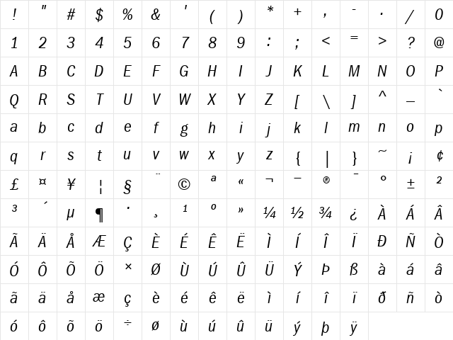 ITCFranklinGothic-CondensedBook BookItalic Character Map