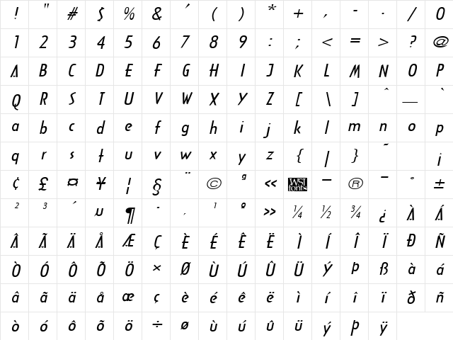 ArcaneBroad Italic Character Map
