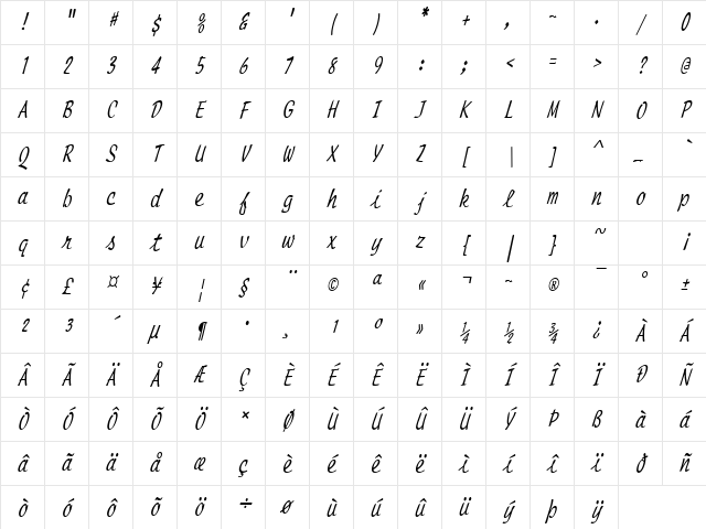 Manuscript Thin Italic Character Map