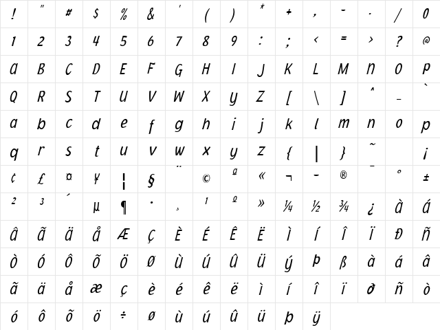 Jacoby Cond ICG LightItalic Character Map