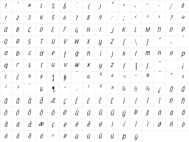 Jacoby Cond ICG XLightItalic Character Map