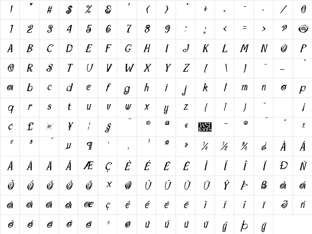 Maraca Bold Italic Character Map