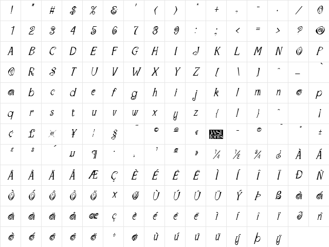 Maraca Italic Character Map