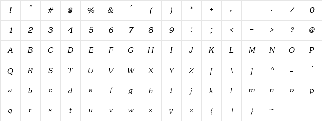 JasmineUPC Italic Character Map
