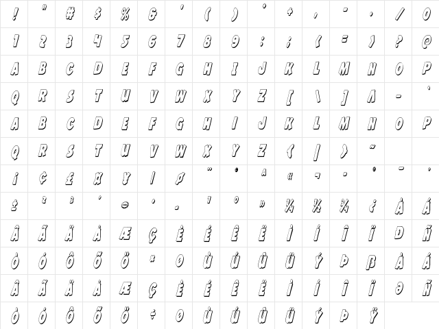 Jack's Candlestick 3D Extra-condensed Extra-condensed Character Map