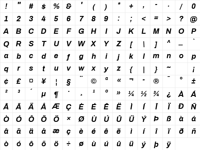 Archivo Bold Italic Character Map