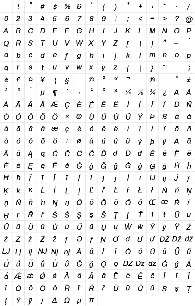 Archivo Medium Italic Character Map Archivo Medium Italic Character Map