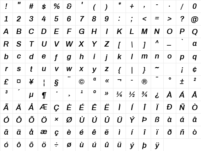 Archivo SemiBold Italic Character Map