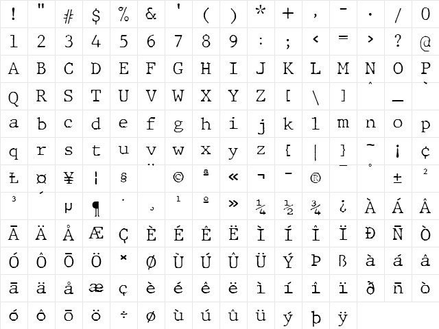 JMH Typewriter Thin Character Map