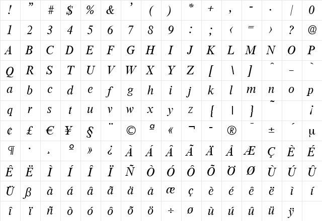 JonasBecker Italic Character Map