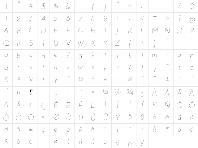 Josefin Sans Thin Character Map
