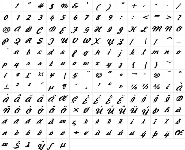 Jott 43 Wide BoldItalic Character Map Jott 43 Wide BoldItalic Character Map