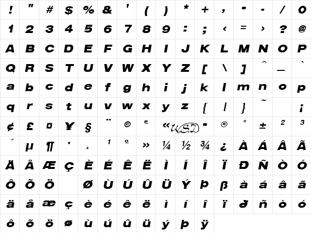 Arena Black Extended Italic Character Map