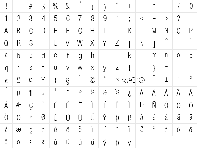 Arena Cond Light Regular Character Map