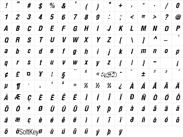 Arena Condensed Bold Italic Character Map