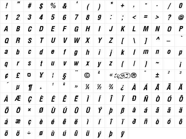 Arena Condensed Bold Italic Character Map