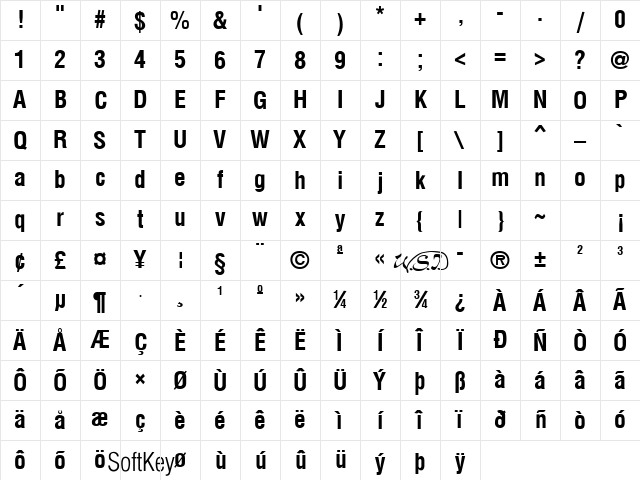 Arena Condensed Bold Character Map