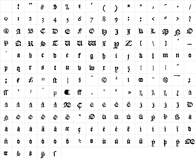 JSL Blackletter Normal Character Map