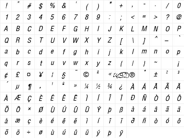 Arena Condensed Italic Character Map