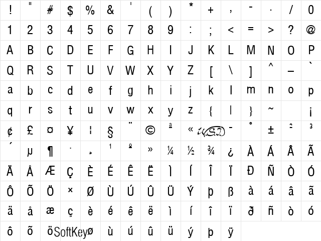 Arena Condensed Regular Character Map