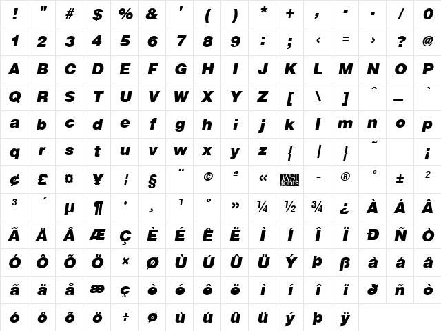 ArenaBlack Italic Character Map