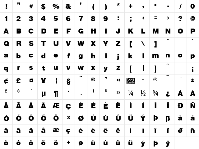 ArenaBlack Regular Character Map