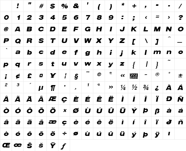 ArenaBlackExtended Italic Character Map ArenaBlackExtended Italic Character Map