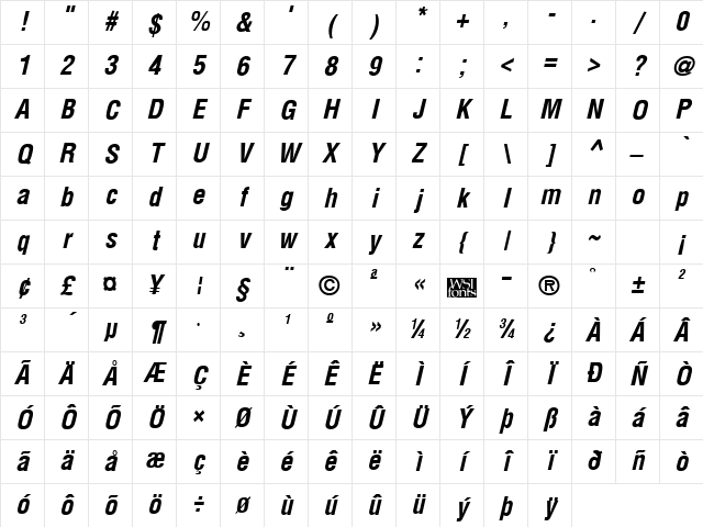 ArenaCondensed Bold Italic Character Map