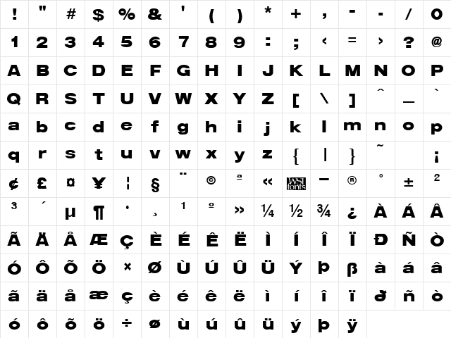 ArenaBlackExtended Regular Character Map