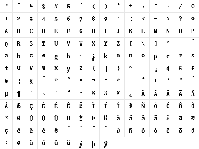 JUstice Mono Bold Character Map