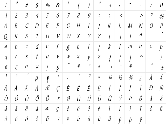 JusticeSystemCondensed Italic Character Map JusticeSystemCondensed Italic Character Map