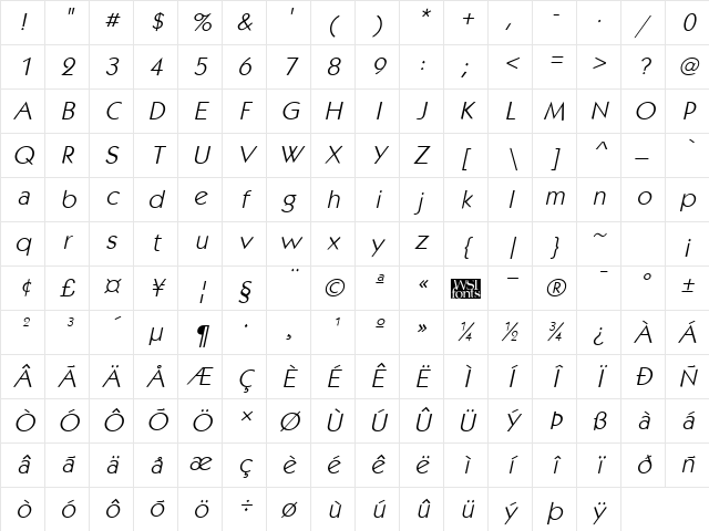 KabobLight Italic Character Map