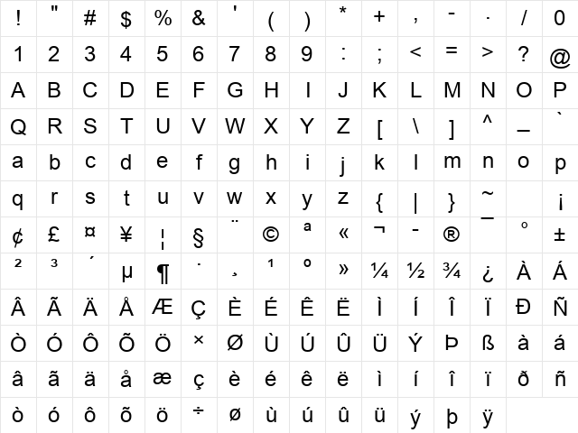 Arial Regular Character Map